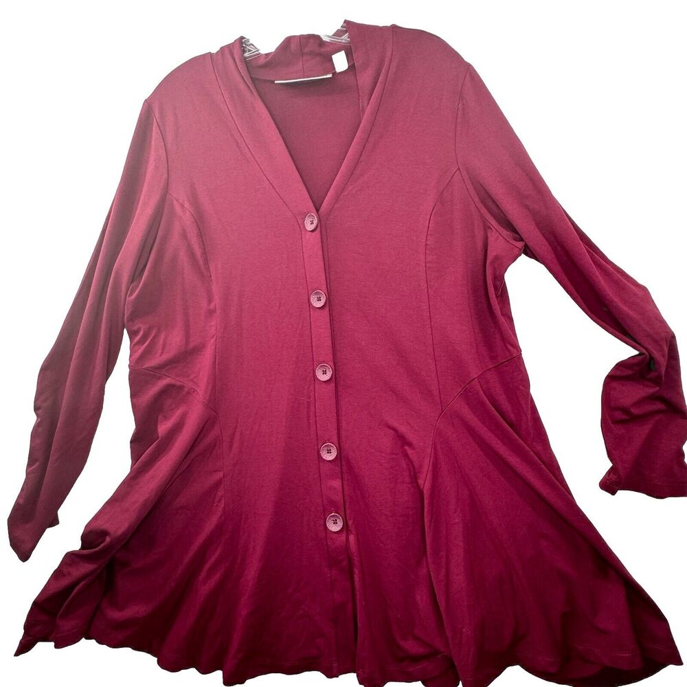 Simonton Says Purple Longline Button Up Cardigan Womens Size XL Flare Stretch